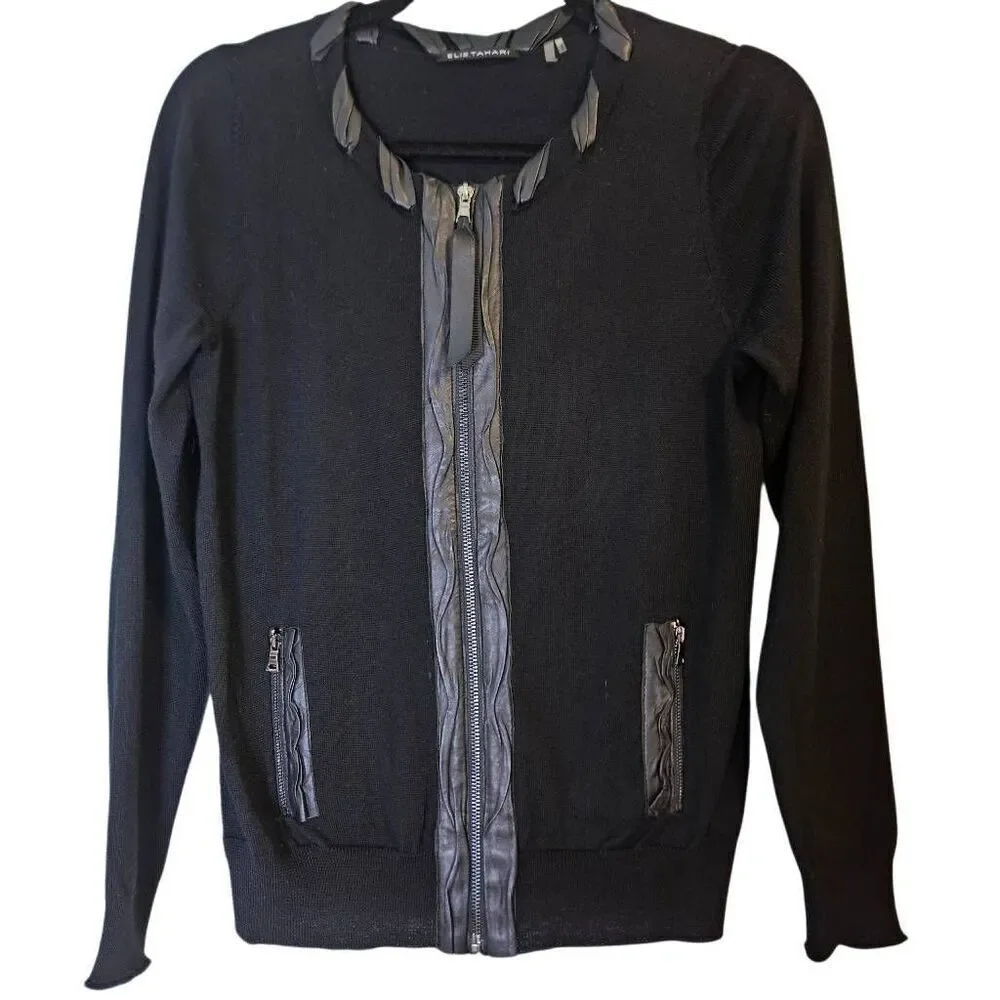 Elie Tahari merino wool black cardigan with leather trim. S  #905